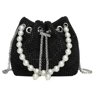 BLACK CRYSTAL CROSSBODY WITH PEARL HANDLE BUCKET PURSE